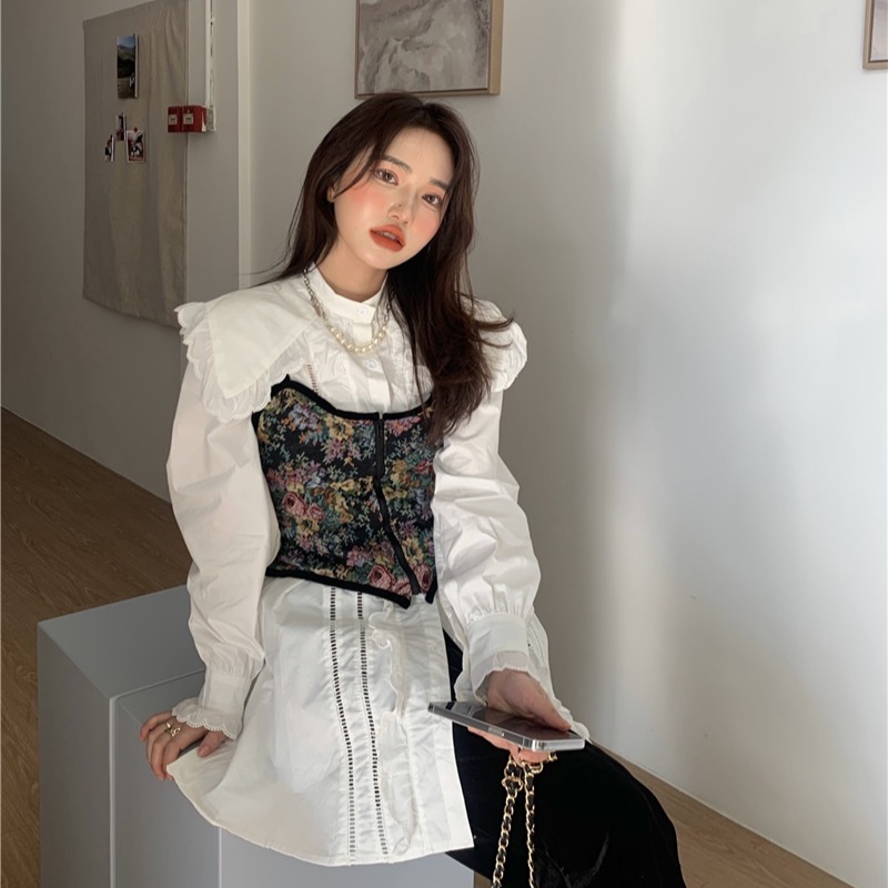 Nomikuma Women Two Pieces Sets Medium-long Peter Pan Collar Blouse Shirt Vintage Floral Sling Vest Korean Spring Outfits 6E834 210427