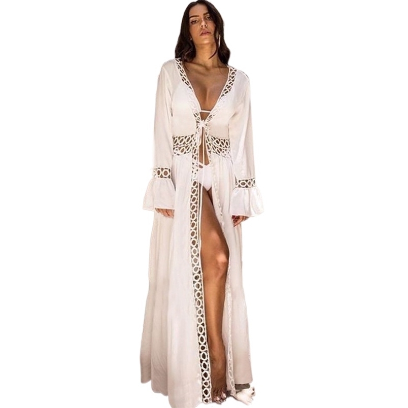 

Geometric Round Hollow Out Micro Flared Sleeves Beach Tunic Long Robe Summer Elegant Ladies White Dress Bikini Cover-Ups 210604