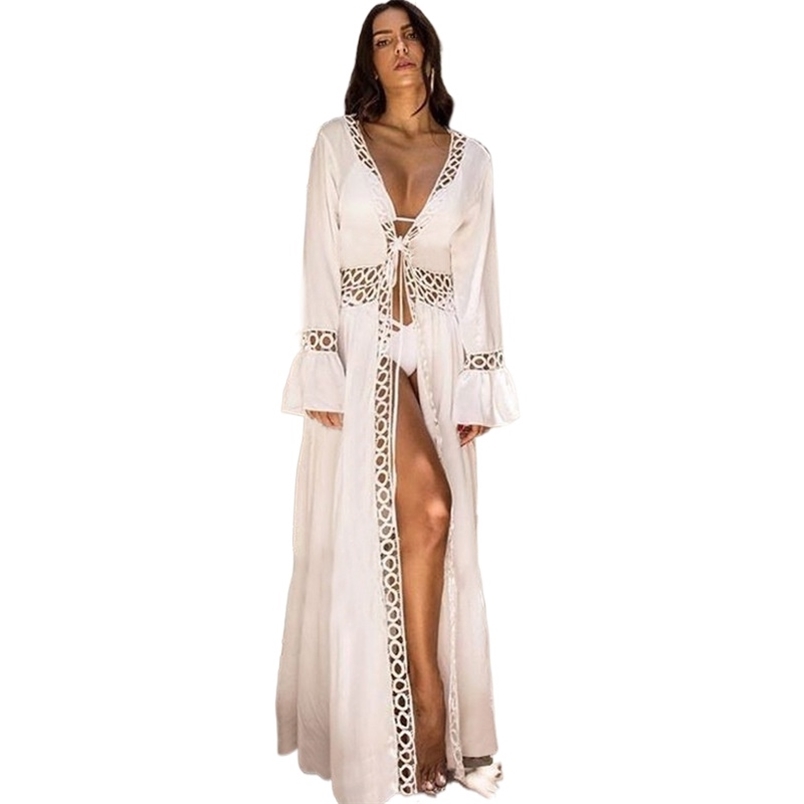 Geometric Round Hollow Out Micro Flared Sleeves Beach Tunic Long Robe Summer Elegant Ladies White Dress Bikini Cover-Ups 210604
