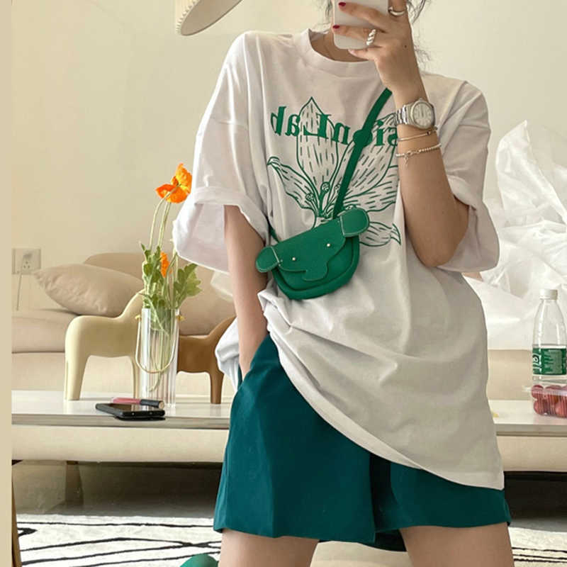 Korejpaa Women T-Shirt Summer Korean Chic All-Match Round Neck Plant Sketch Letter Printing Contrast Color Loose Pullover 210526