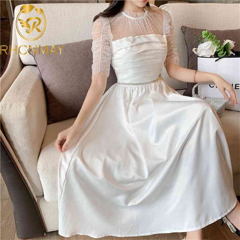 Runway Summer Dress Woman Milk White High Waist Mesh Patchwork Pile up Sleeve Elegant Party es Female 210506