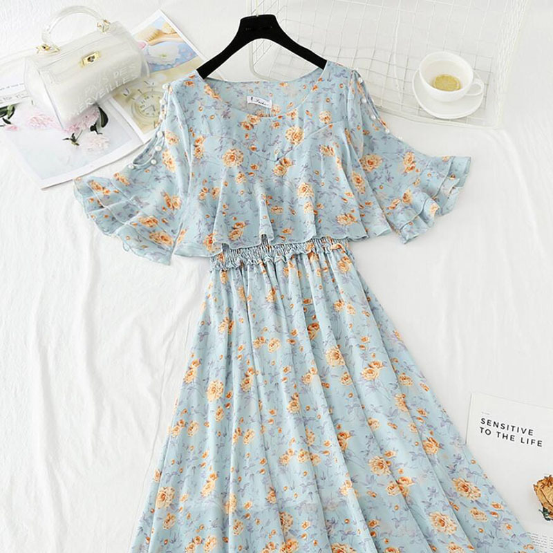 Floral Print Chiffon Dress Summer Fashion Flare Sleeve O-Neck Dew Party Vestidos Elegant Women Midi Dress 210521