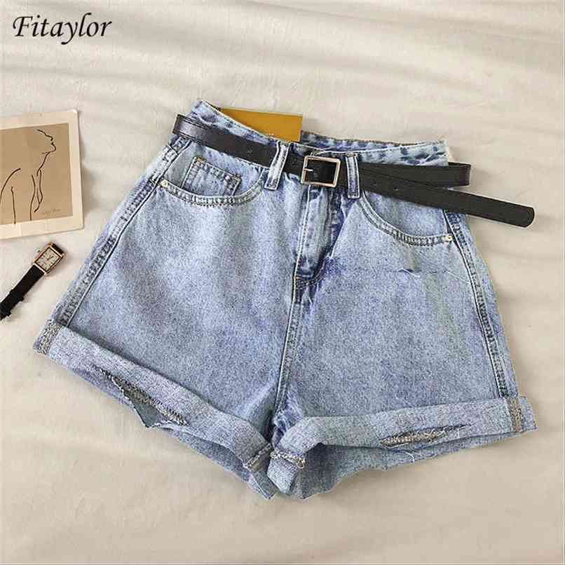 Fitaylor Summer Women Vintage Wide Leg Hole Denim Shorts With Belt Casual Female Loose Solid Color Blue Jeans 210714