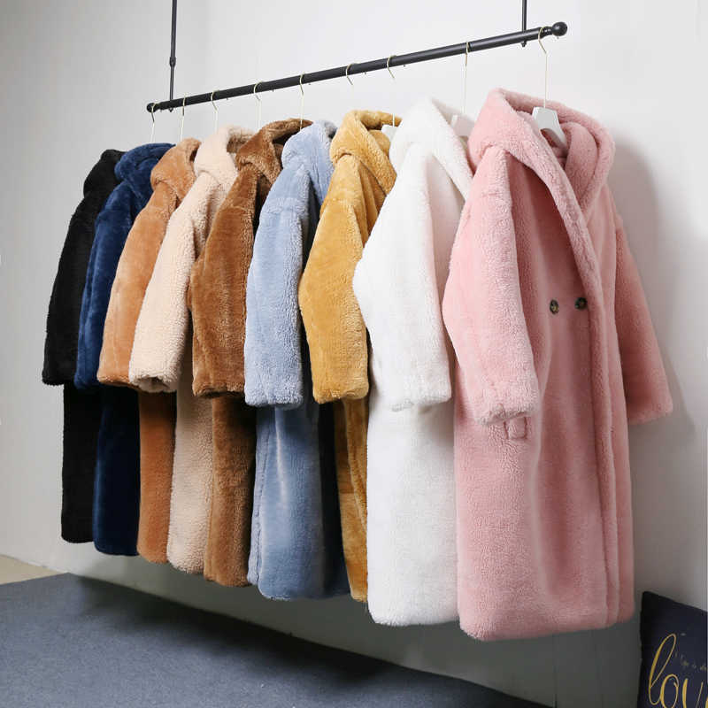 Trendy Winter Hooded Teddy Jacket Coat Women Plus Size Oversized Loose Faux Fur Coats Thick Warm Long Overcoat Fur Jackets 211019