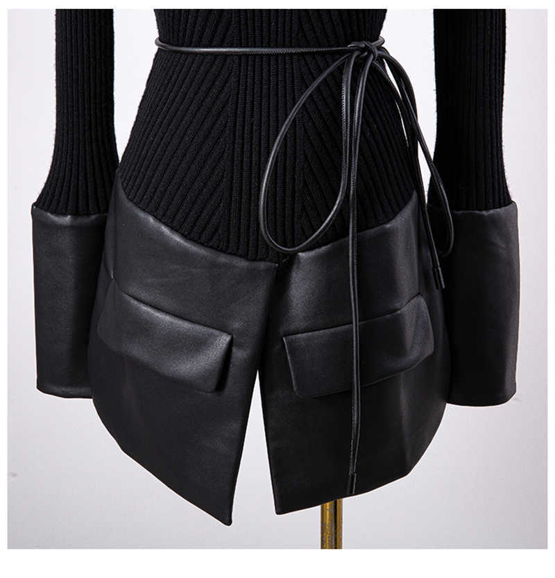 Spliced PU Leather Knitting Sweater Loose Round Neck Long Sleeve Women Pullovers Fashion Autumn Winter 1DD2424 211011Z