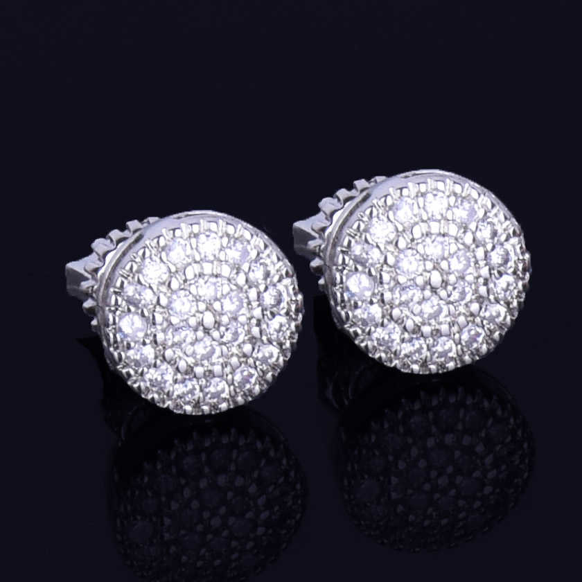 8MM Gold Color Small Round Stud Earring AAAA Cubic Zircon Screw Back Men's Earrings Fashion Hip Hop Jewelry 210817