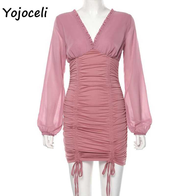 Yojoceli sexy v neck party club dres long sleeve ruffle bodycon mini female vestidos 210609