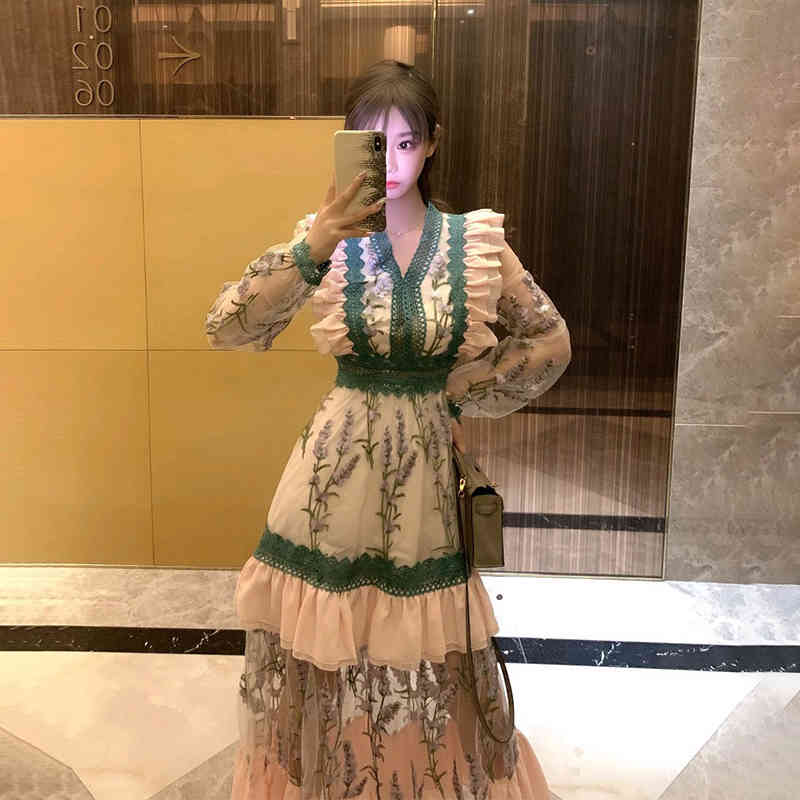 Summer French VNeck Style Dress Female Embroidery Stitching Retro Long Bohemia Fashion Hollow Out Mesh Vestidos 210506