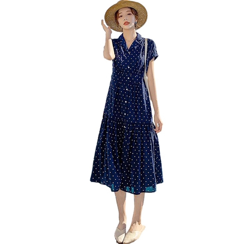 Fashion women dress summer high waist long chiffon polka dot blue short-sleeved ruffled for 210520
Fashion women dress summer high waist long chiffon polka dot blue short-sleeved ruffled for 210520