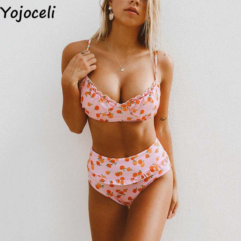 Yojoceli Ruffle cherry print sexy swimwear suit girl Summer beach bikini girls Cool elegant women tankini 210609