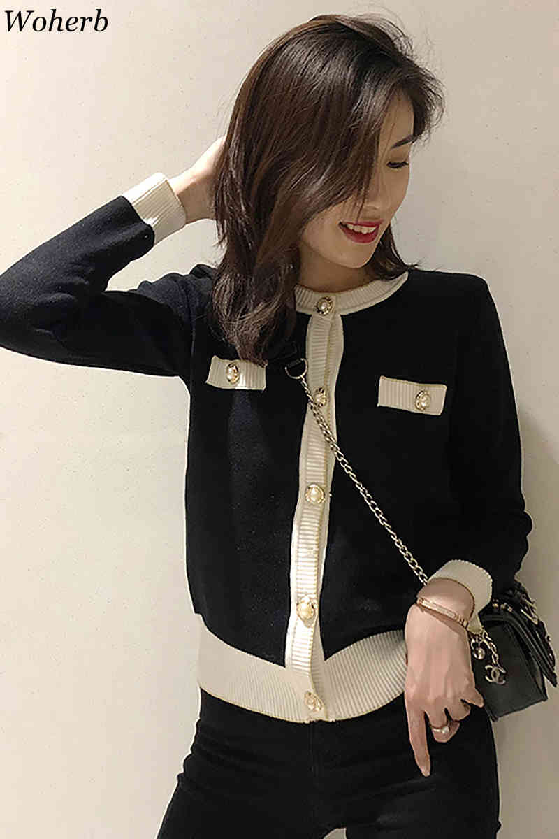 Fashion Autumn Women Cardigans Korean Contrast Button Sueter Mujer Vintage Elegant Casual Female Sweaters Jumper 210519