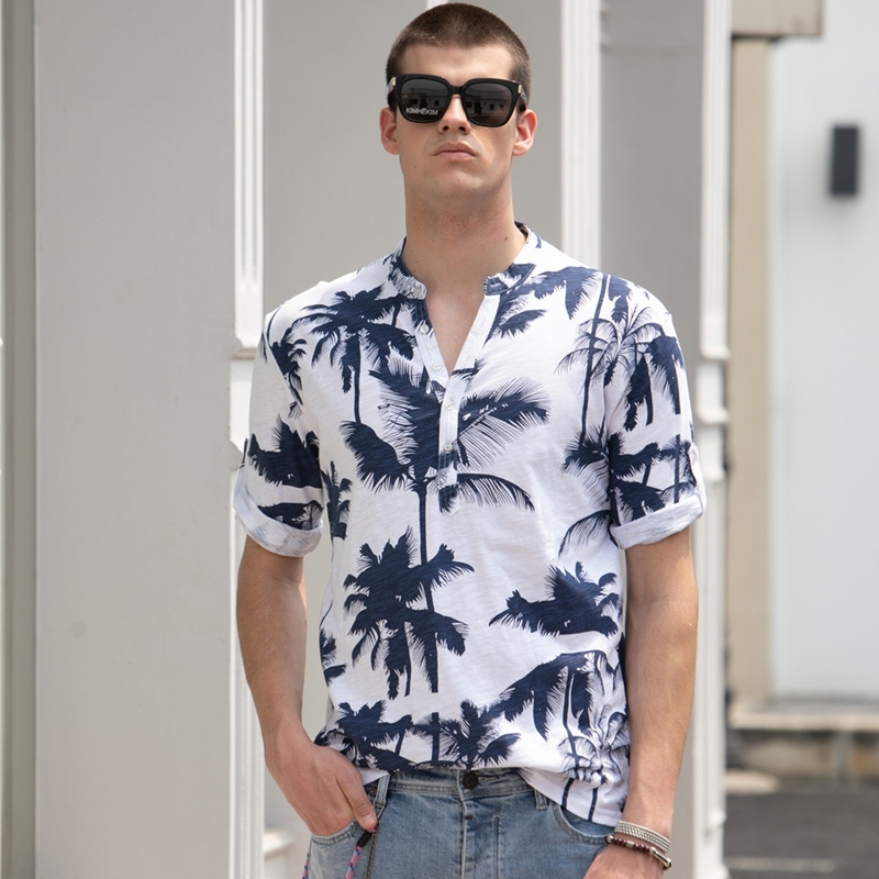 AIOPESON Hawaii Style T-Shirts Men Summer Casual Stand Collar 100% Cotton s T Shirt Fashion High Quality Clothing 210707