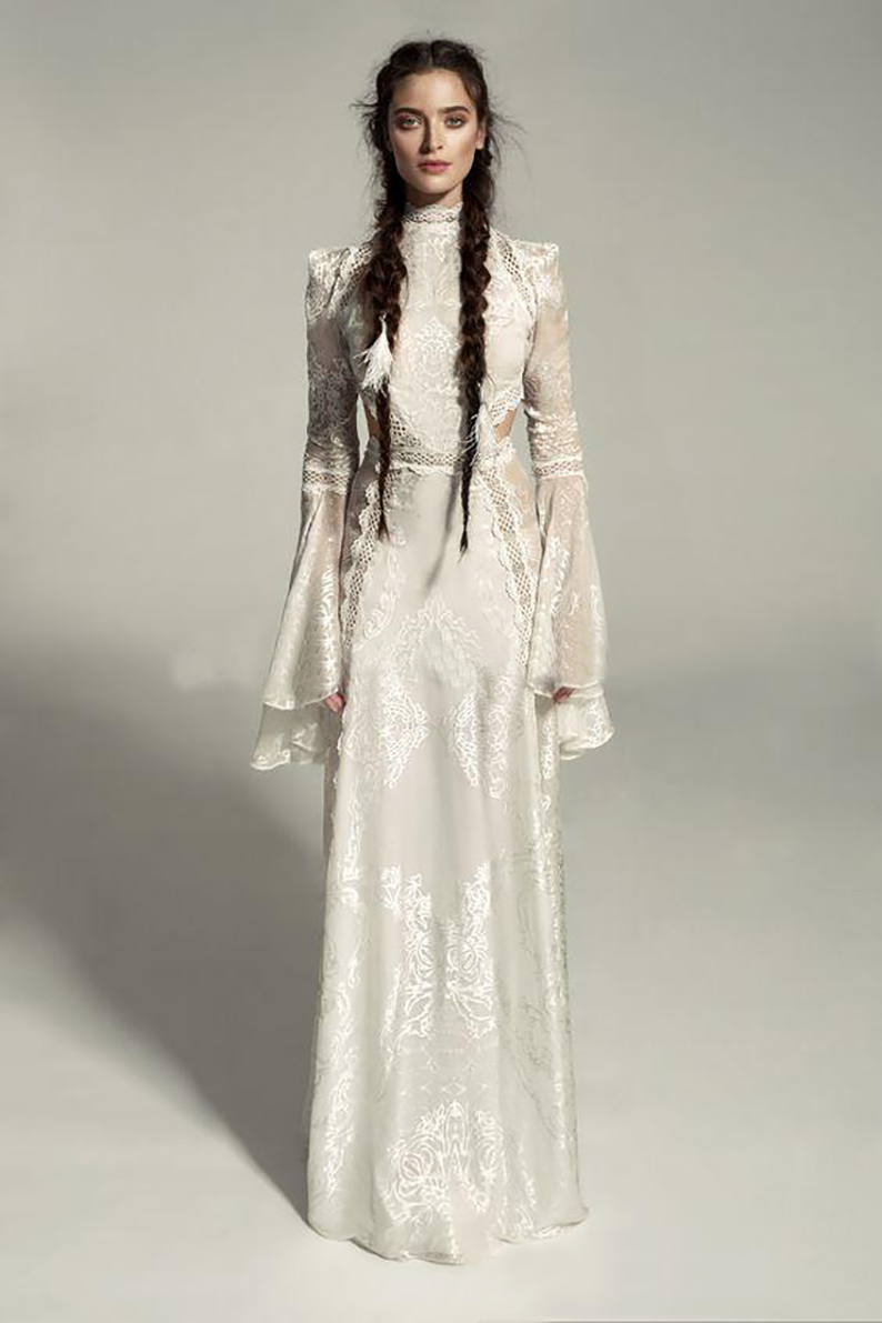 Meital Zano Great Victoria Medieval Wedding Gown with Bell Sleeves Vintage Crochet Lace High Neck Gothic Queen Wedding Dresses