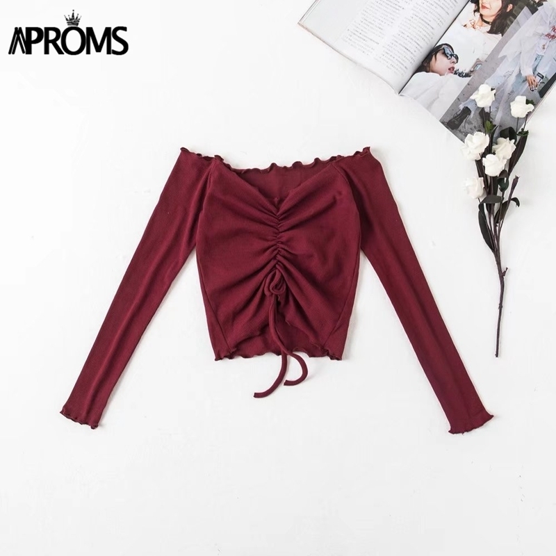 Aproms Ribbed Off Shoulder Drawstring Tie T Shirt Women Long Sleeve Short Tshirt Summer Casual Crop Top Female Tee Tshirts 210322