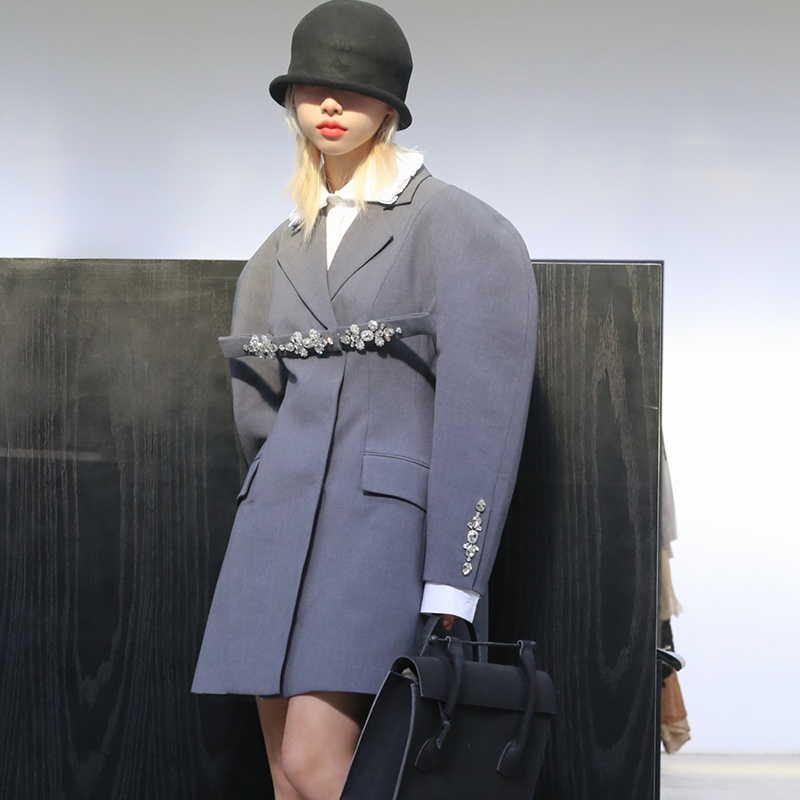 VGH Black Patchwork Diamond Blazer For Women Notched Long Sleeve Casual Joker Blazers Female Fashion Spring New Clothing 210421