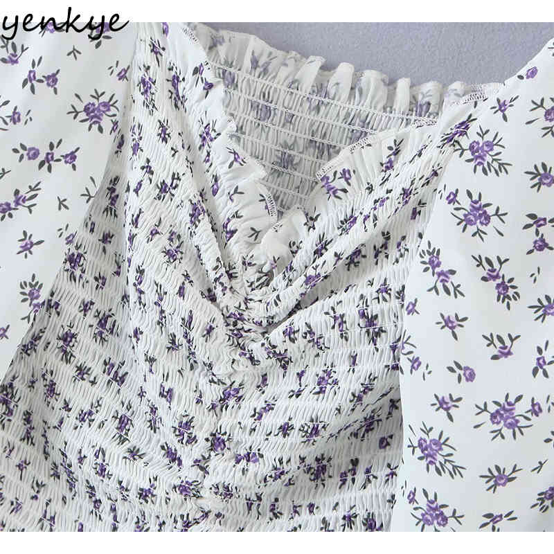Sweet Floral Print Elastic Sexy Dress Women Long Sleeve V Neck Front Drawstring Bodycon Mini Summer Party Vestido 210430