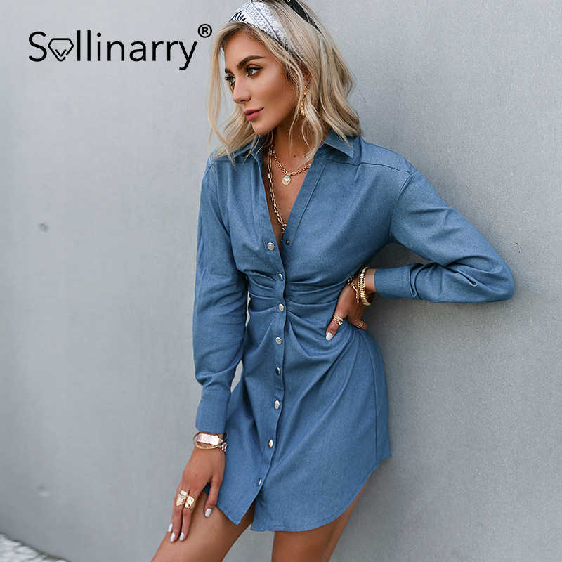 Sollinarry High street blue shirt dress women Long sleeve sheath summer dress Casual botton pleated solid midi dress streetwear 210709