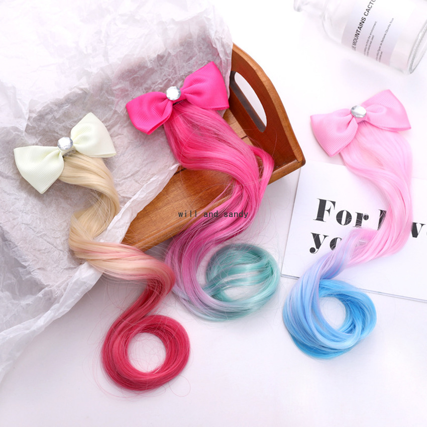 WHOLESLAE Girls Children Colorful Bow Knot Hairpiece Hair Clips Barrettes Wig Hairs Extension Bobby Pin Clasp Birthday Cosplay Hair Jewelry
