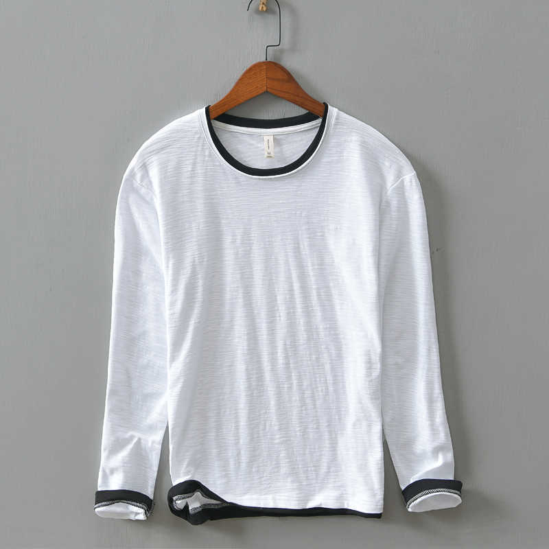 Long Sleeve T-Shirts For Men O-Neck 100%Pure Cotton Tops & Tees Male Casual Wild Patchwork Men's Clothing 210601