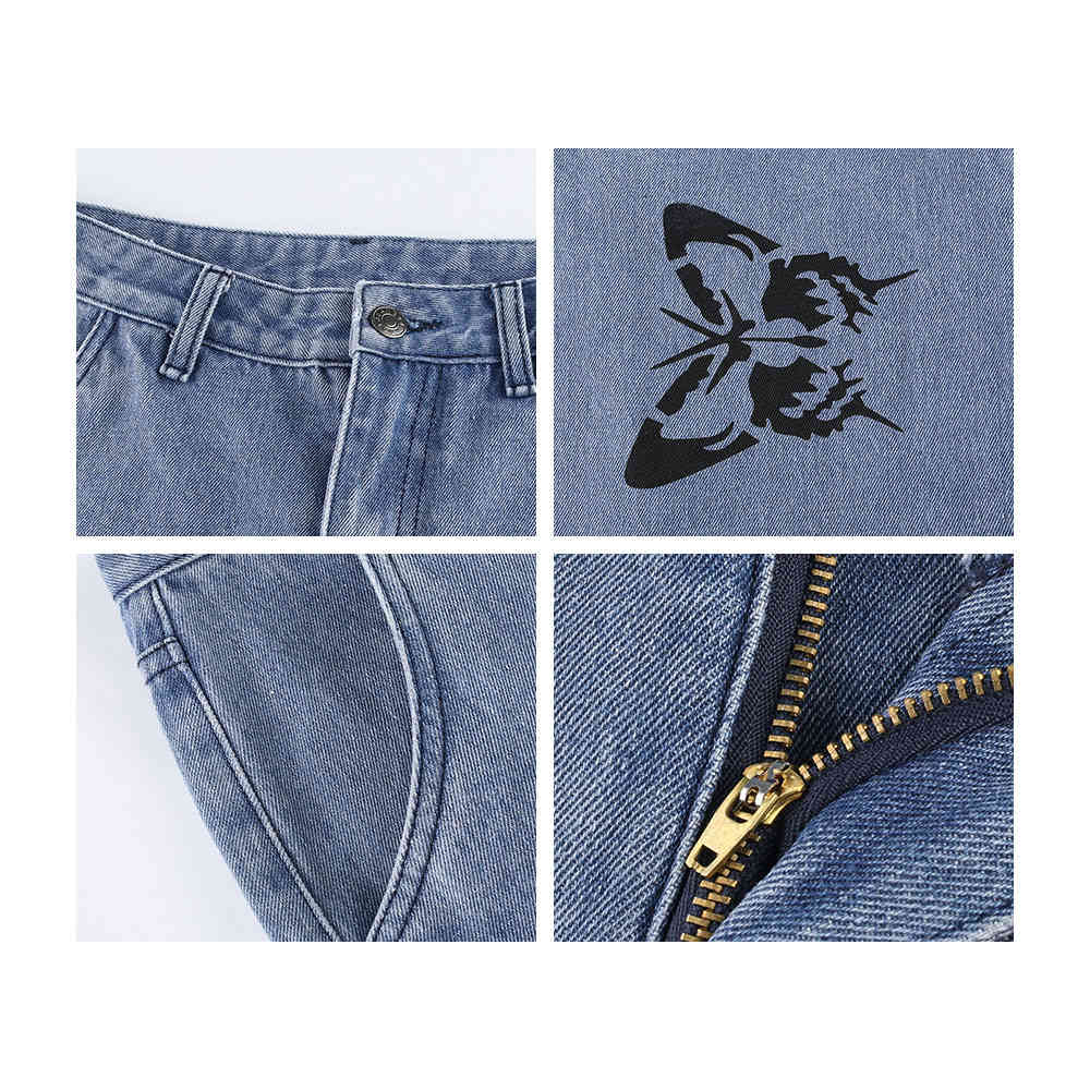 Casual High Waist Butterfly print Jeans Long Trousers Vintage Wide Leg Pants Streetwear Loose Blue 210428