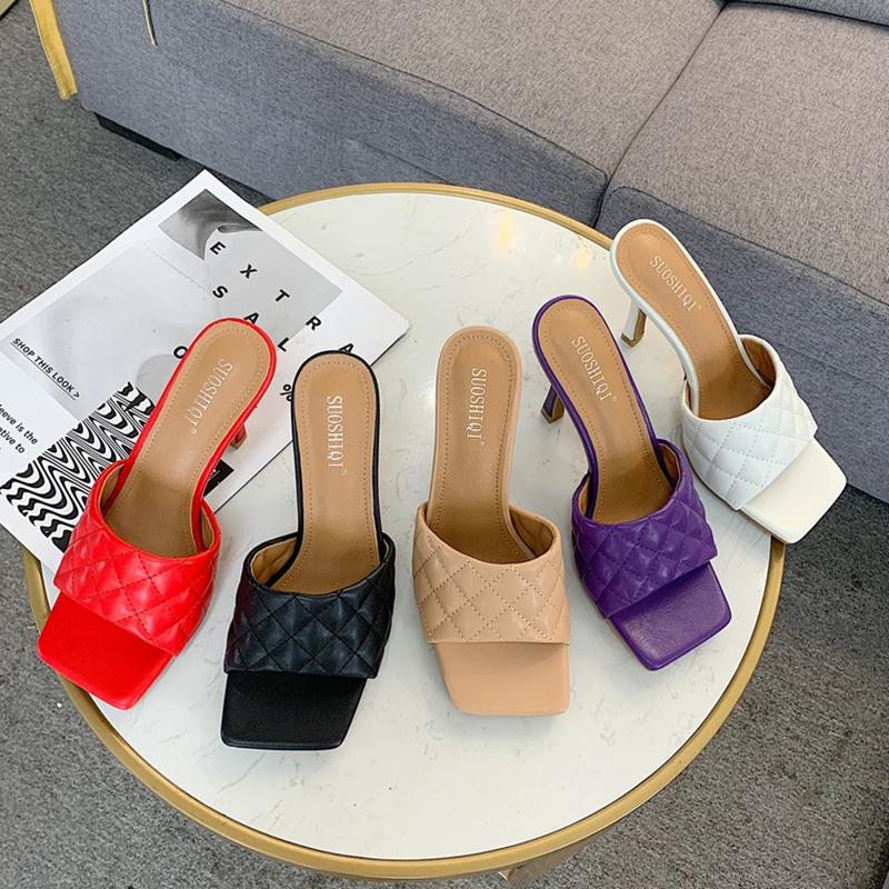 Slippers 2021 Summer Luxury Designer Women Purple Blue Red High Heels Slide Sexy Plaid Mules Open Toe Lady Party Shoes