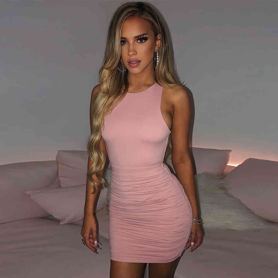 Summer Women'S Sleeveless Bandage Halter Draped Hollow Tight-Fitting Mini Sexy Star Party Dress Vestidos 210525