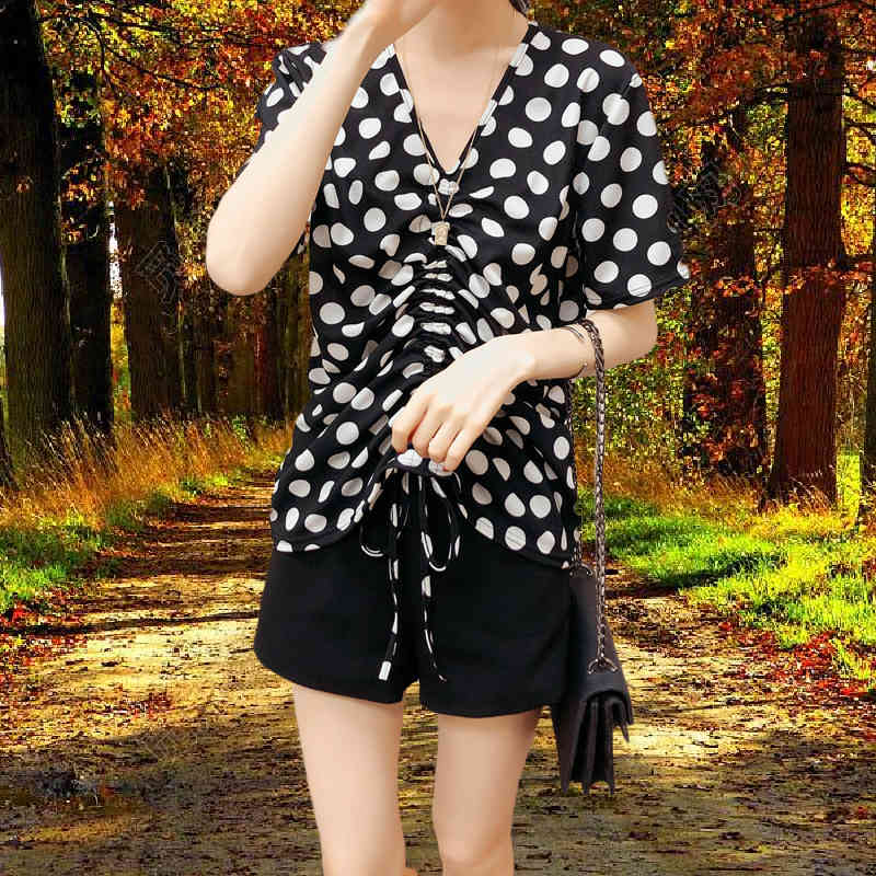 Blusas Mujer De Moda Summer Blouse Women Print Short Sleeve Tops Elegant Office Lady V-neck Shirt Drawstring Top 9848 210506