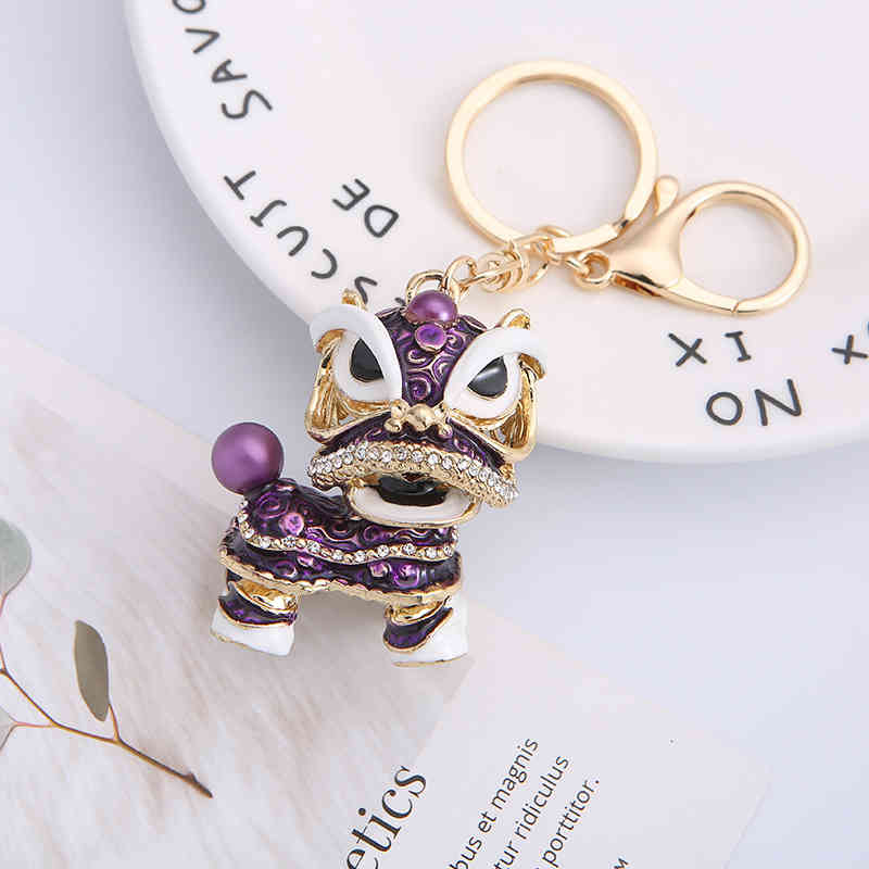 Key Rings Rhinestone Keychain Lion Dance Car Accessories Creative Ring China Wind Cartoon Pendant