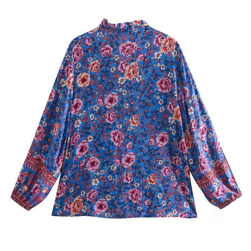 3 colors Bohemian Floral Print Pullover Shirt Ethnic Women Bow Lace Up Wood ears Collar Long Sleeve Blouse Tops 210429