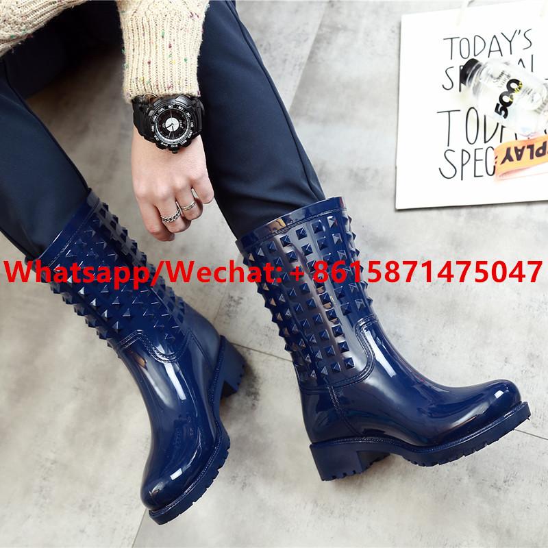 Boots Fashion Rivet Couple Shoes Spring Autumn Solid Water Proof Non-slip Rainboots Brand Design Mid-calf Botas De Mujer