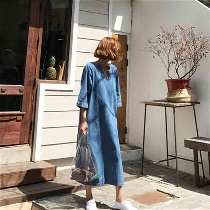 Women Dress V Neck Three Quarter Sleeve Denim Temperament Jean es Loose Leisure Long es Summer 210513