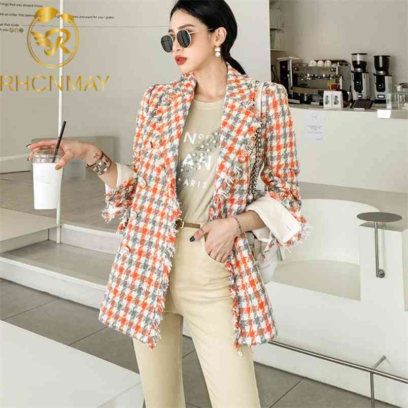 Women Autumn Fashion Double Breasted Plaid Jacket Vintage Turn Down Collar Tweed Streetwear Outwear Jackets Coat 210506