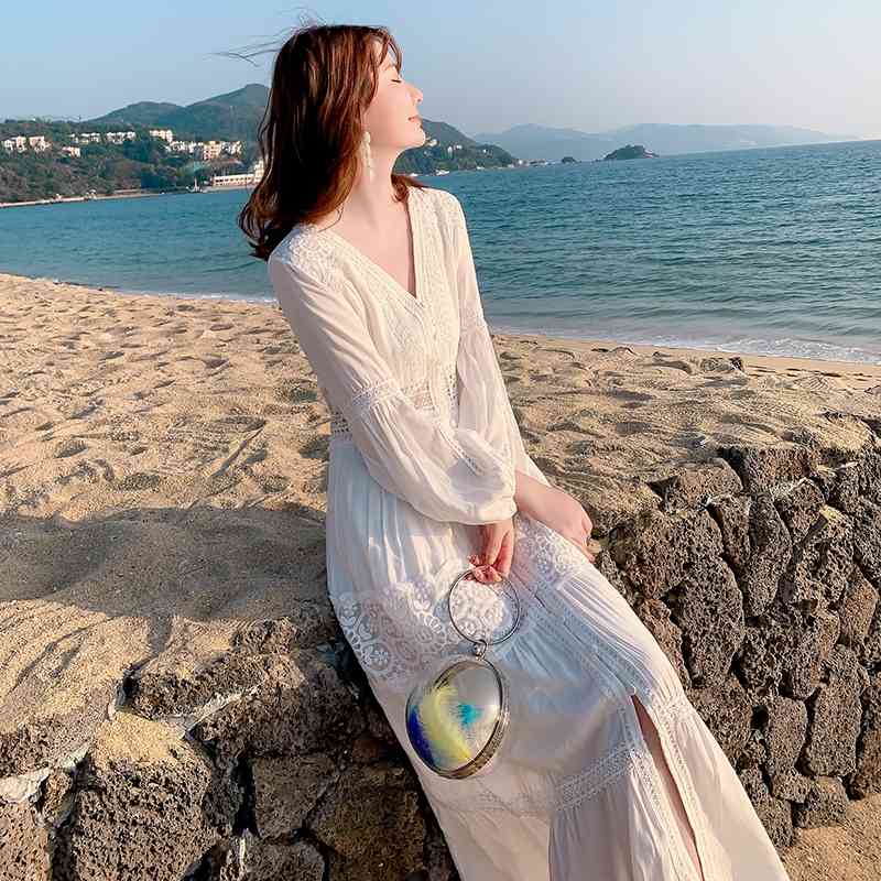 Arrival Summer Boho Women Maxi Dress White Lace Long Tunic Beach Vacation Holiday Clothes 210520