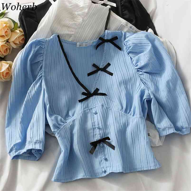 Women Blouses V Neck Puff Short Sleeve SlimCrop Top Korean Bowknot Stripes Elegant Shirts Summer Chic Blusas Mujer 4i657 210519