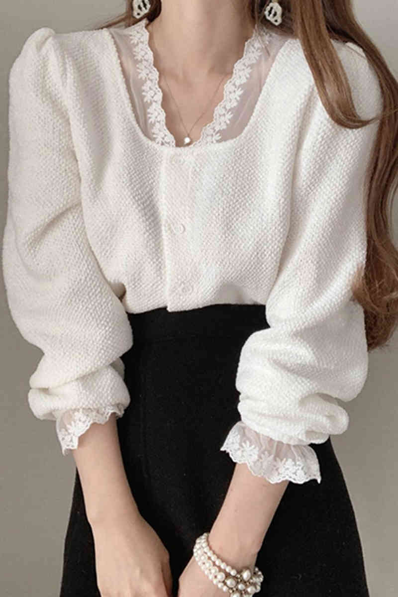 Blouse Women Korean Chic Elegant Shirts V-neck Lace Hollow Out Patchwork Blouses Loose Puff Sleeve White Tops 210519