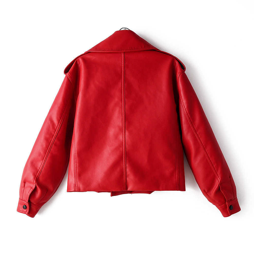 Spring Autumn Leather Jacket Women Faux PU Motorcycle Leather Jacket Coat Biker Red White Coat Turn Down Collar Loose Clothing 210908