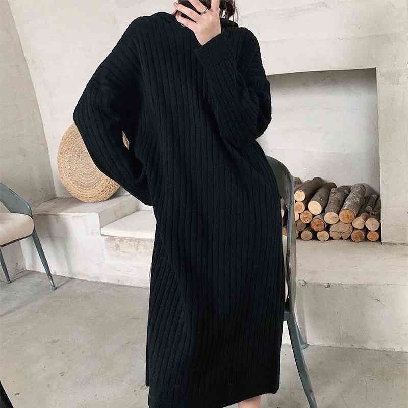 Autumn Hooded Thicken Long Knitted Dresses Ladies Loose Casual Slim Fit Korean Style Maxi for Women Winter Clothes Mujer 210604