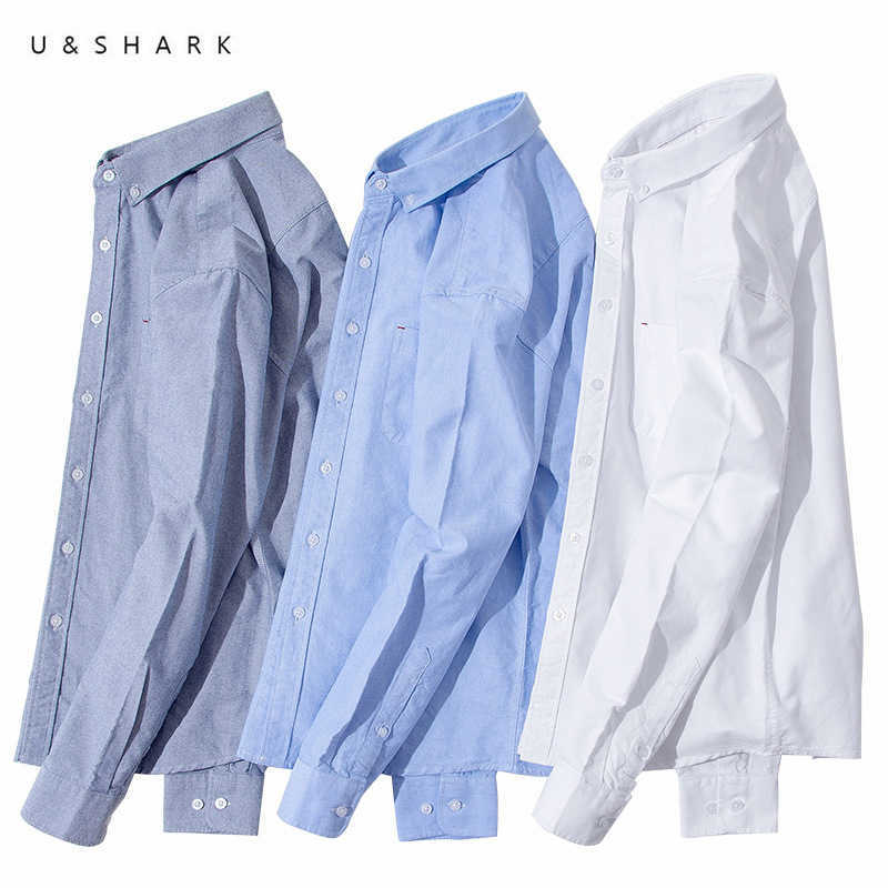 U&SHARK Long-Staple Cotton Oxford Shirt Long Sleeve Men Blouse Office White Shirt Classic Mens Dress Shirts Striped Plaid Male 210603
