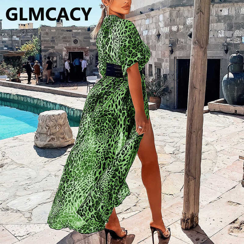 Short Sleeve V Neck Leopard Dress Summer Beach Cover Ups Long Dress 210702
