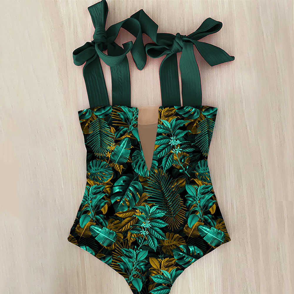 Sexy Swimsuit Shoulder Strappy Print Floral Swimwear Women Backless Bathing Suit Beach Wear Monokini 210702