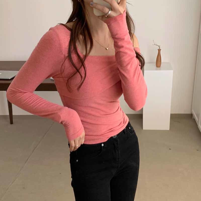 Solid Off-shoulder Sexy Women Tops Cotton Elastic Long Sleeve Blouse Irregular Collar Pullover Shirt Blusas 11268 210508