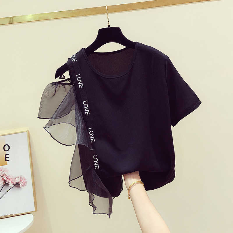 Korean Style Women T Shirts Letter Mesh Ruffled Off Shoulder Short-sleeved T-shirt Female Casual Summer Tops 210615Z