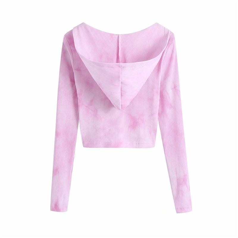 Elegant Women Hooded Sweaters Fashion Ladies Pink Tie-Dyed Knitted Tops Sweet Female Chic Slim Short Pullovers 210430
