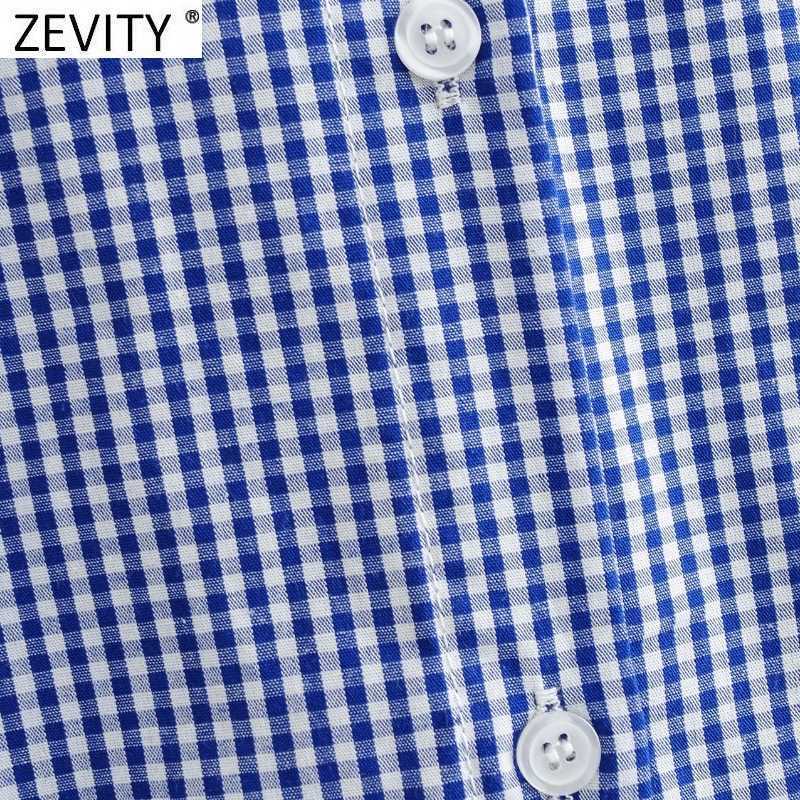 Zevity Women Sweet Peter Pan Collar Plaid Print Casual Blouse Office Lady Puff Sleeve Ruffle Retro French Shirt Chic Tops LS9274 210603