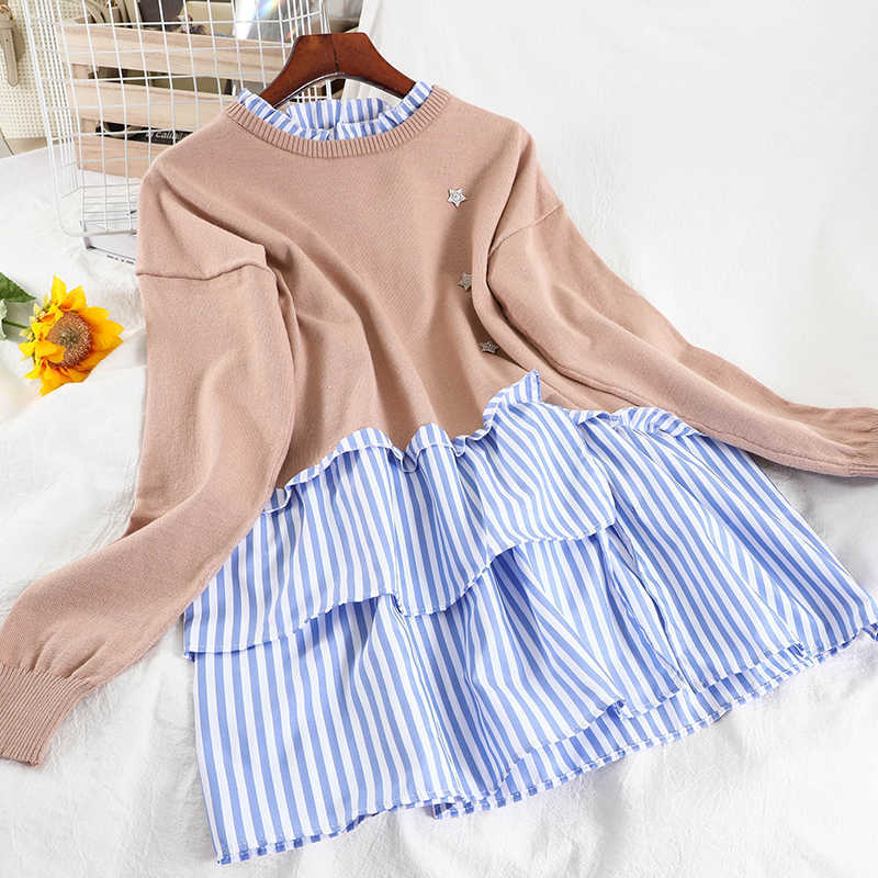 Striped Patchwork Women Pullover Sweater Causal Sweet Ruffle Knitted Tops Korean Long Sleeve Pull Femme 6E466 210603