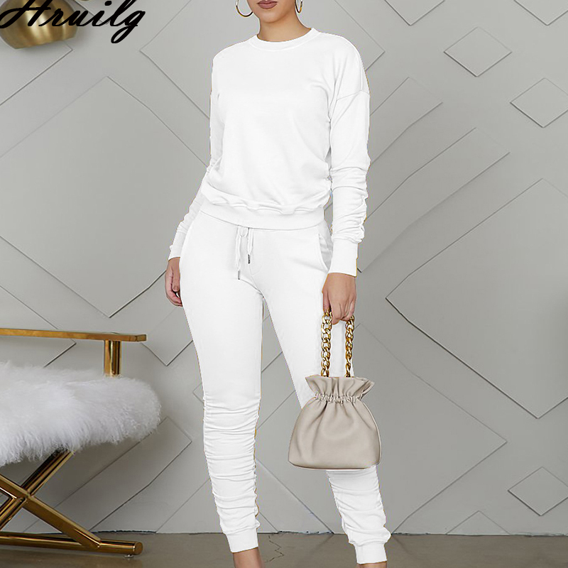 2 Piece Sets Womens Outfits Long Sleeve o Neck Tops Stacked Pants Set Autumn Casual Sportswear Trousers Tracksuit Conjunto 210513