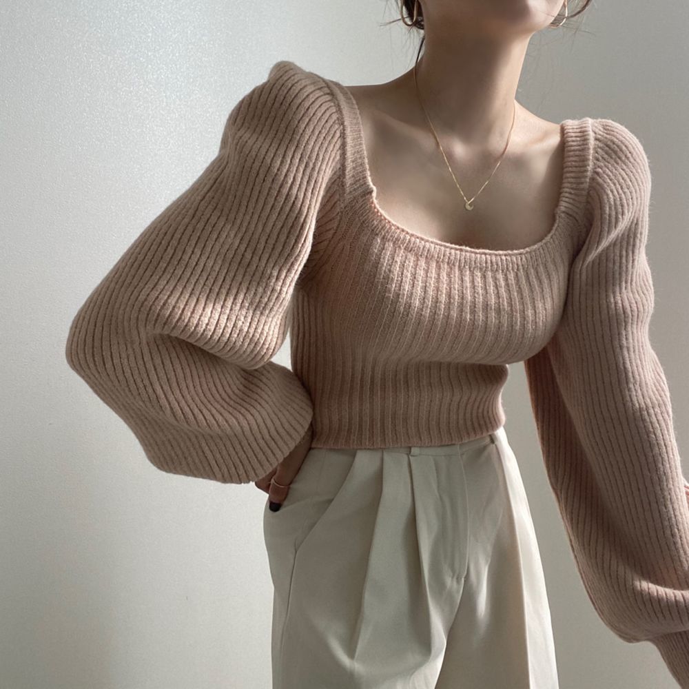 Nomikuma Korea Chic Autumn Winter Women Sweater Square Collar Puff Long Sleeve Causal Knitted Pullover New Pull Femme 6C870 210427