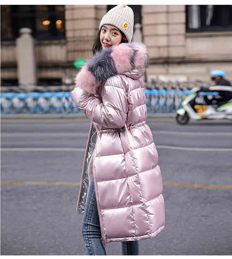 down jacket female winter Korean version of the loose bright waist was thin over knee long cotton coat 210514