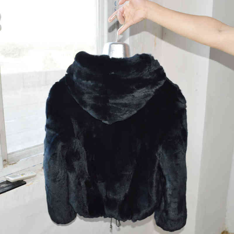 Women Winter Warm Soft Quality Real Rex Rabbit Fur Coat Rex Rabbit Fur Short Jacket Real Rex Rabbit Fur Hooded Overcoat 211206