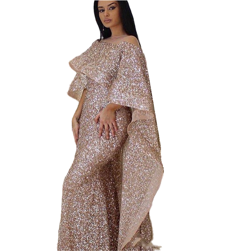 Sparkly Arabic Rose Gold Sequins Mermaid Evening Dresses With Long Cape Wrap 2022 Glitter Sequined Women Formal Party Gowns Prom Pageant Dress